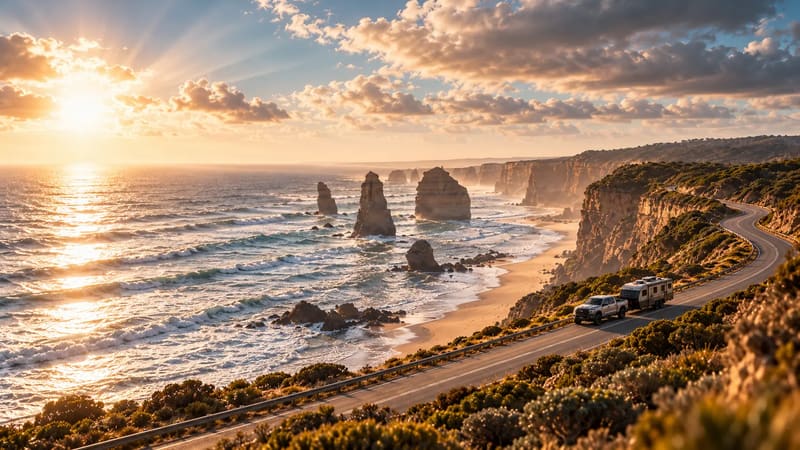 A silver pickup towing a tandem-axle caravan along a winding clifftop road above the sea at golden hour, tall rock stacks standing in the surf below (AI-generated image)